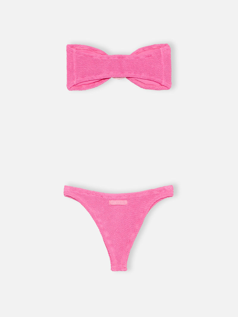 Woman pink crinkle bandeau bikini Yulia Naomi