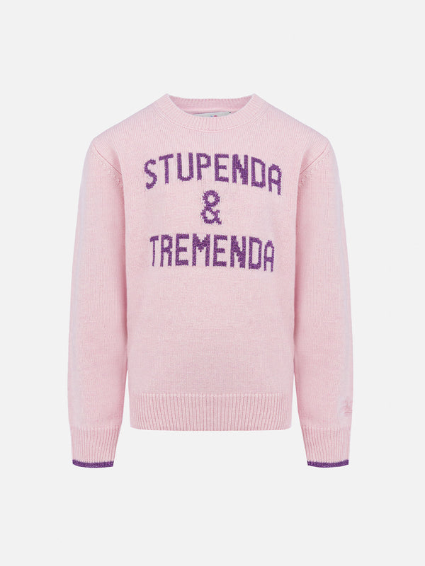 Maglione girocollo rosa da bambina Princess con stampa lurex Stupenda & Tremenda