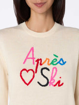 Woman white sweater New Queen with Apres love ski embroidery