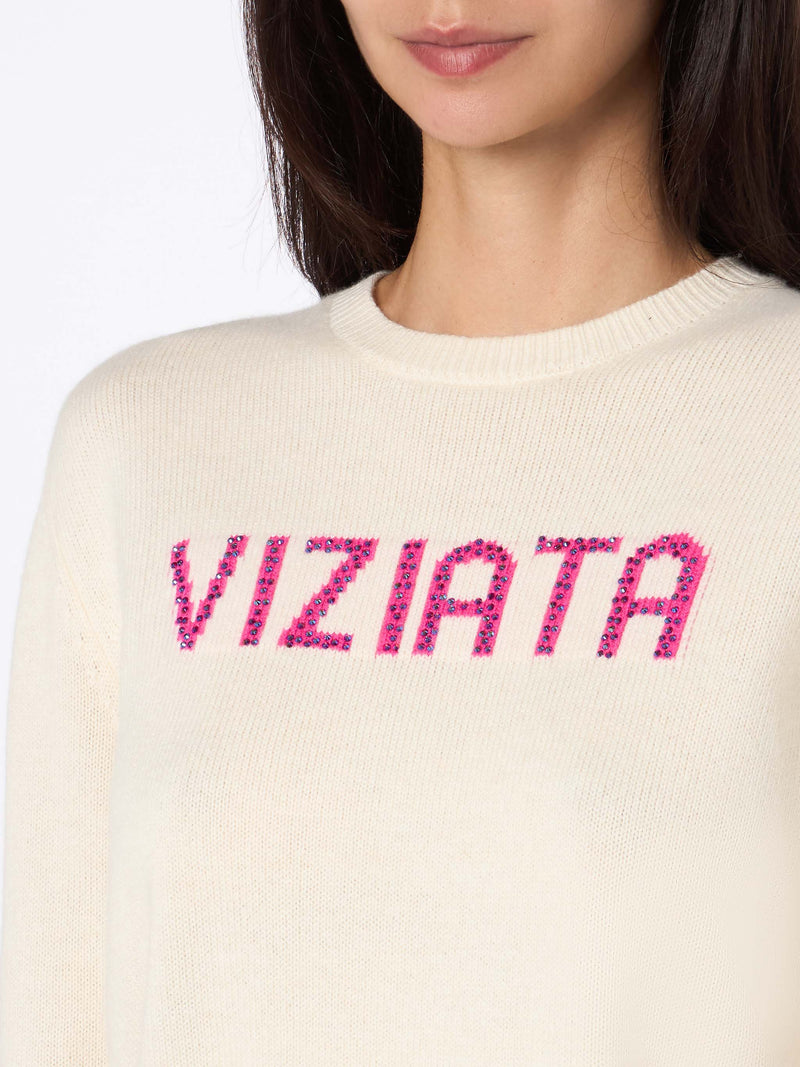 Woman white sweater New Queen with Viziata and strass print