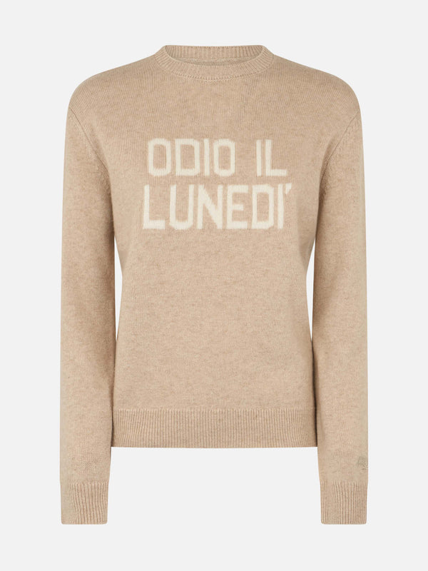 Maglione da donna beige New Queen con stampa Odio il Lunedì