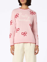 Maglione rosa da donna New Queen con ricamo Pretty Woman e stampa nastri