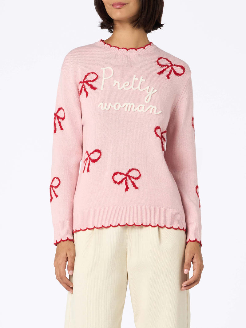 Woman pink sweater New Queen with Pretty Woman embroidery and ribbons print