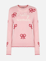 Maglione rosa da donna New Queen con ricamo Pretty Woman e stampa nastri