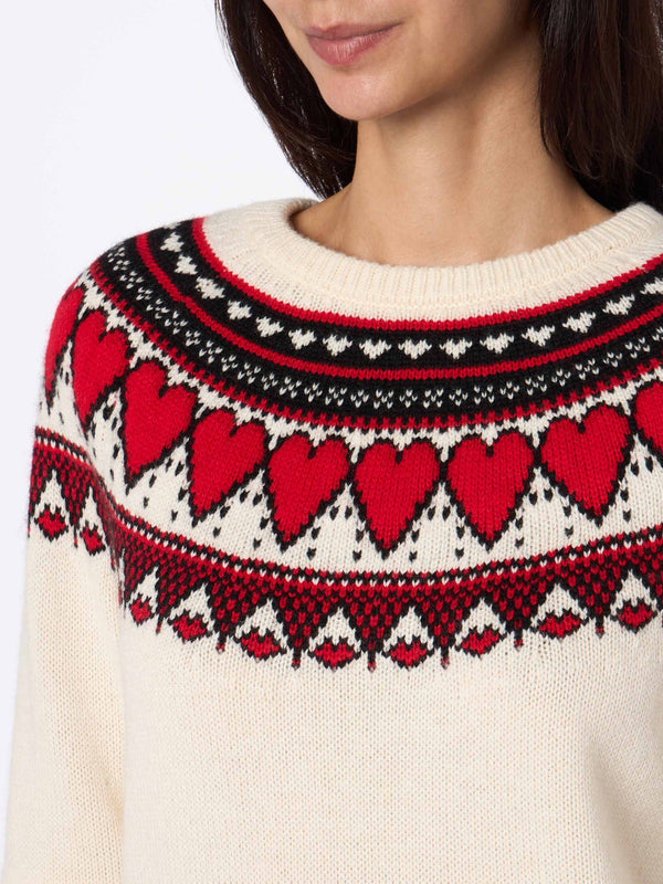 Maglione bianco da donna New Queen stampa cuori fair isle