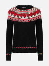 Woman black sweater New Queen with fair isle hearts print