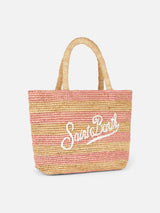 Pink striped Raffia Beach midi bag with cotton pouch