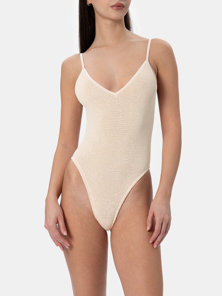 Woman beige crinkle one piece swimsuit Susanne