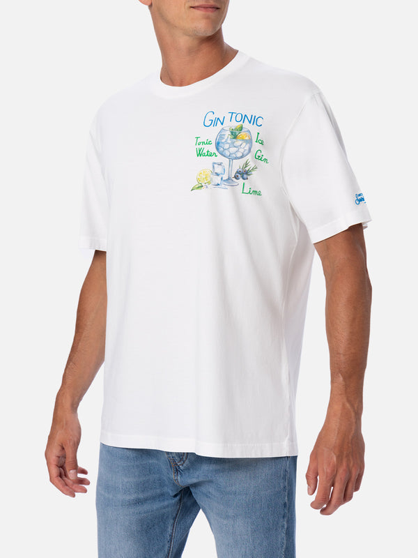 Man cotton t-shirt with gin tonic print and embroidery
