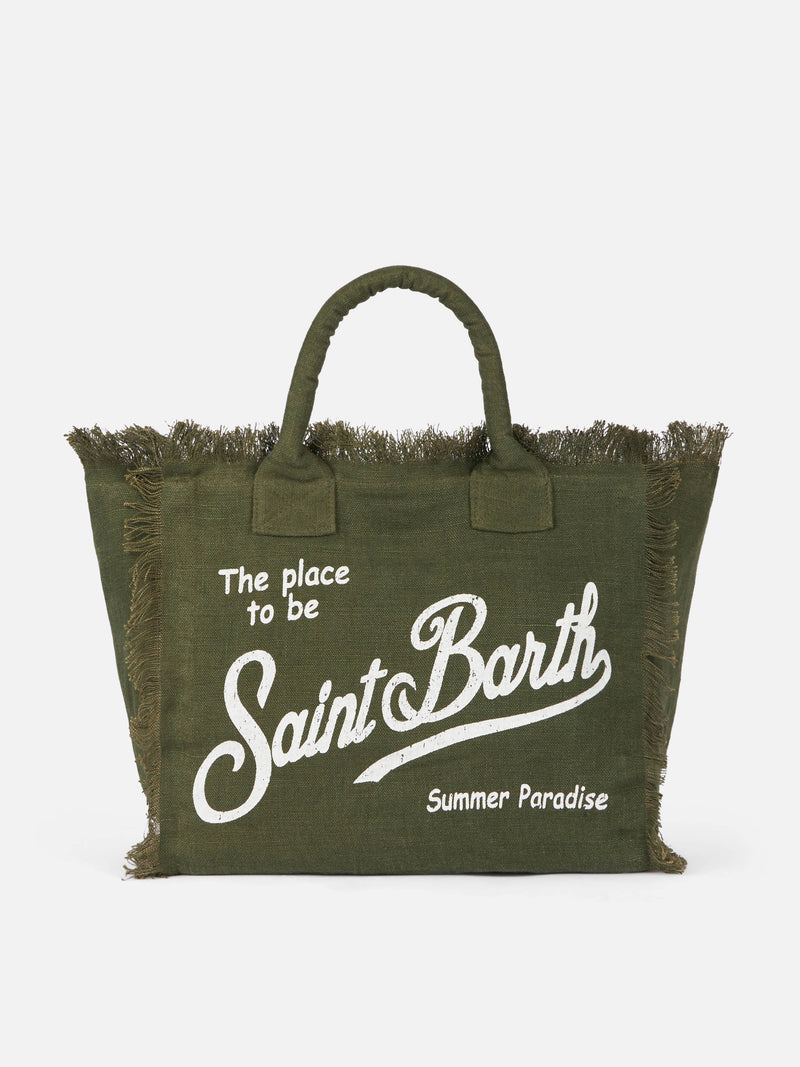 Military green Vanity Linen tote bag with embroidery