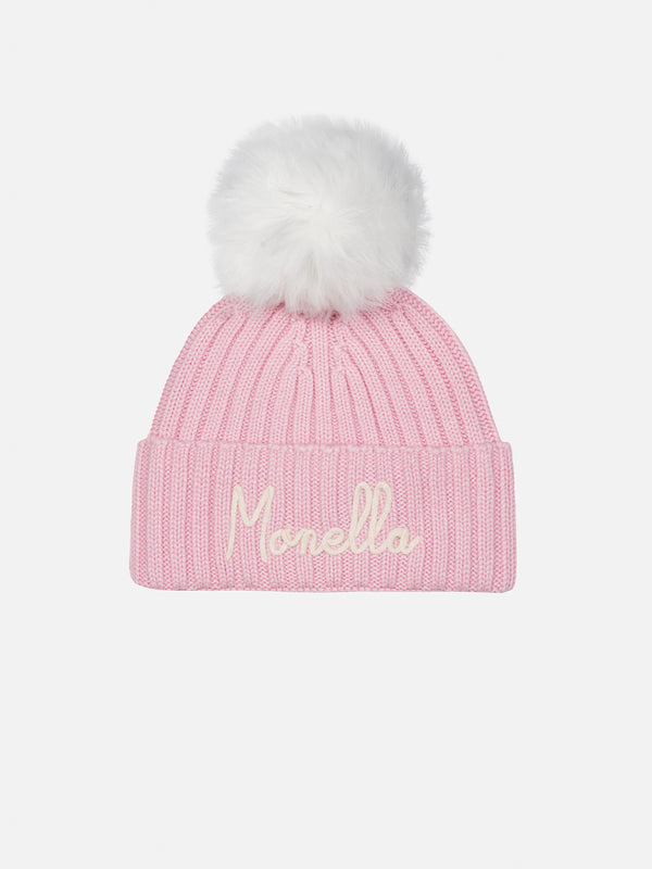 Girl pink hat Wengen with pompon and Monella embroidery