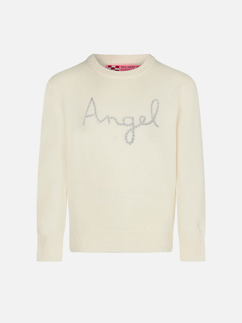 Girl white sweater angel wings embroidery