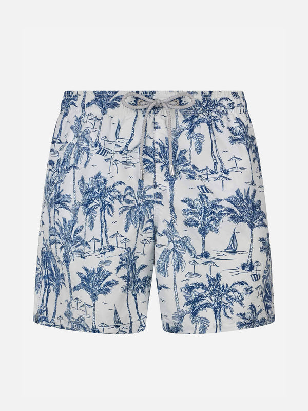 Boy mid-length Jean swim-shorts with toile de jouy print