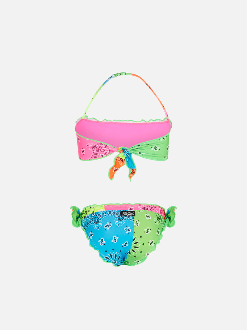 Bikini da bambina a fascia con stampa bandana fluo