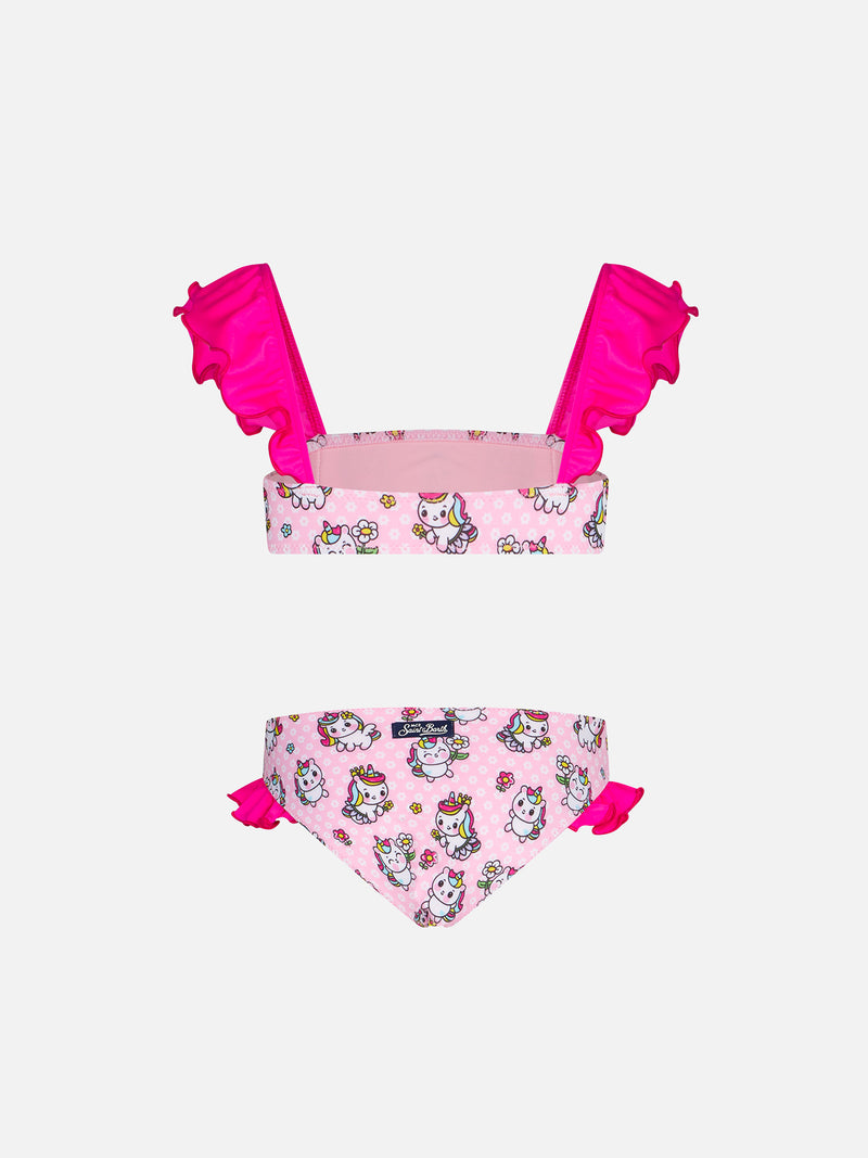 Mädchen-Bandeau-Bikini mit Rüschen und Einhorn-Print