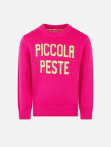 Fluo-Rosa-Pullover für Mädchen, gelbe Fluo-Piccola-Peste-Stickerei