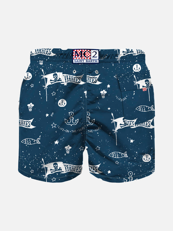 Boy light fabric swim shorts with pirates print