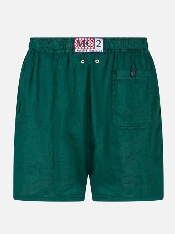 Solid green mid-length linen swim shorts