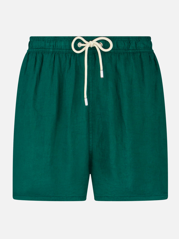 Solid green mid-length linen swim shorts
