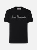 Damen-T-Shirt aus schwerer Baumwolle mit Sono Strassata-Strassaufdruck