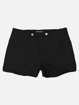 Solid black swim shorts with button front fastening