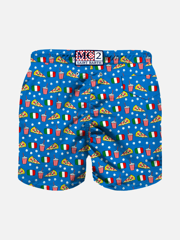 Jungen-Badeshorts aus leichtem Stoff mit Pizza-Print