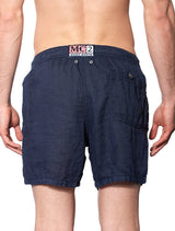 Solid blue mid-length linen swim shorts